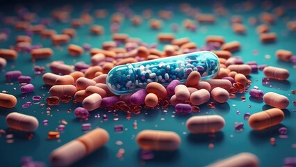 A 3D illustration depicting a large, translucent capsule filled with colorful pills, set against a blurred backdrop of microscopic virus particles and cells