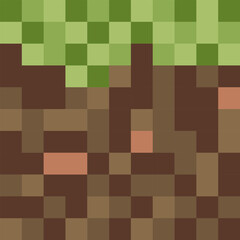 Pixel background featuring grass and soil, ideal for game design and retro style visuals. Vector art.