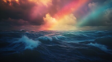 Obraz premium 3D illustration of a sea with waves and light rays in the background