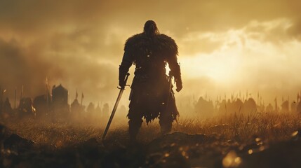 A warrior standing victorious on a battlefield, sword raised, cinematic lighting, --ar 16:9 --v 6.1 Job ID: 80f15291-f137-43ce-9cb9-d812f2a76647