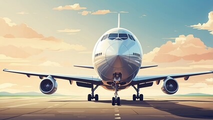 A low-angle illustration of a large passenger airplane taking off, with its cargo hold open