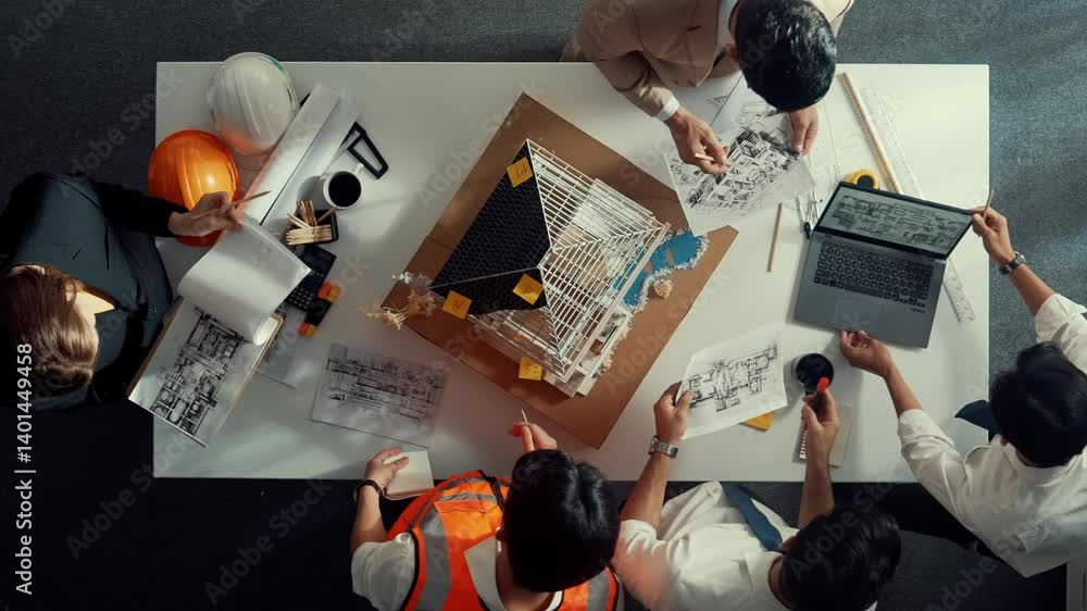 Poster top view of manager handed blueprint to professional engineer team at meeting table with house model