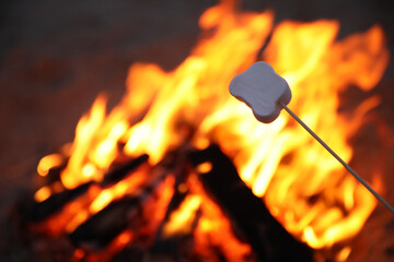 Roasting marshmallow over burning firewood on beach, closeup
