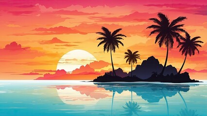 A serene tropical landscape featuring silhouetted palm trees on a small island