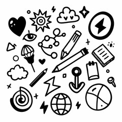 Fototapeta premium Doodle Art: A hand-drawn collection of whimsical doodles, featuring hearts, stars, clouds, and various symbolic icons arranged in a dynamic and playful composition.