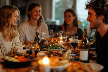 People gathered around a festive dinner table, laughing and enjoying a meal together.