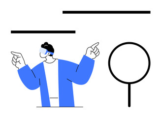 Person immersed in virtual reality wearing goggles with outstretched arms, pointing at abstract elements. Ideal for technology, innovation, interaction, creativity, virtual experience, learning, flat