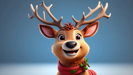 A cheerful cartoon reindeer with large, playful antlers and a bright red nose