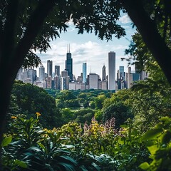 Fototapeta premium Urban buildings and green foreground bright sky high resolution picture