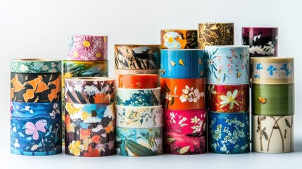 A washi tape dispenser with a variety of artistic tape designs, --ar 16:9 --v 6.1 Job ID: 10555400-88da-47a9-963d-812ba668239a