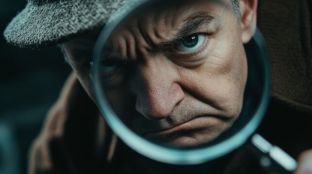 Man in tweed hat intensely examines something with a magnifying glass in dim lighting conditions