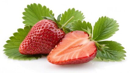Fresh Strawberry on White Background with Green Leaves and Cut Piece 
