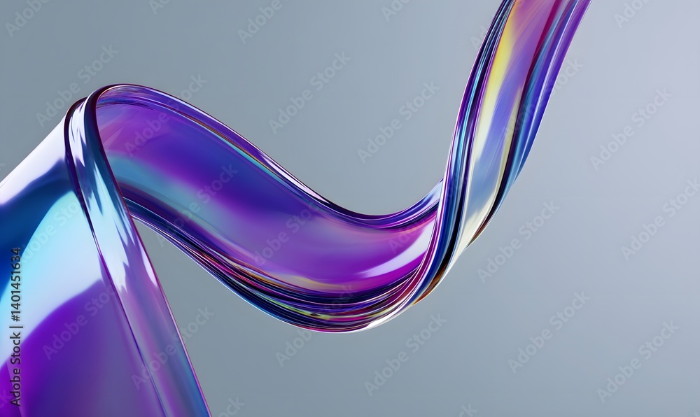 Poster iridescent ribbon flowing and twisting against a soft gray background with vibrant color shifts