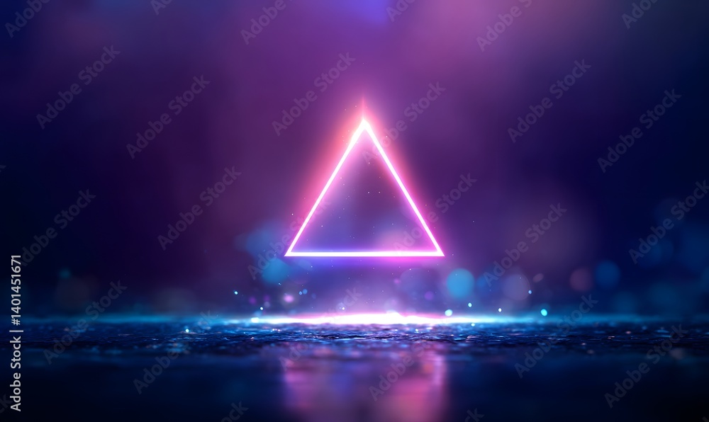 Poster a glowing pink and purple triangle floating above a reflective surface with bokeh lights around it