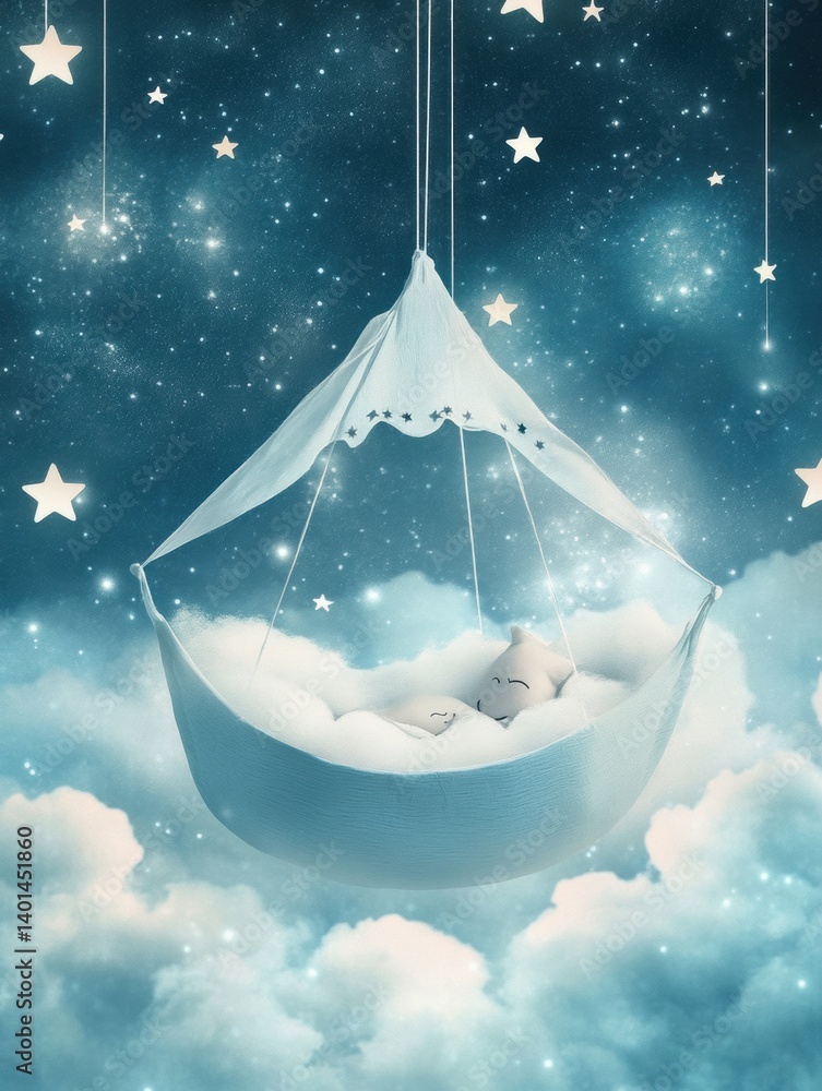 Aufkleber dreamy cradle suspended in clouds under a starry sky, creating a serene bedtime atmosphere