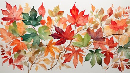 A watercolor illustration featuring a cluster of vibrant, multi-colored leaves