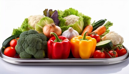 pile of vegetables on stainless tray isolated on white background