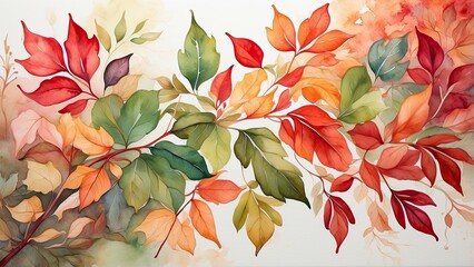 A watercolor illustration featuring a cluster of vibrant, multi-colored leaves