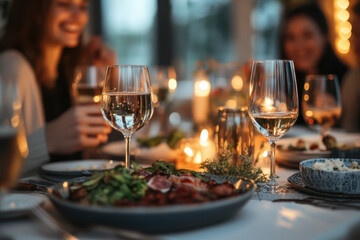 Obraz premium Table set with plates and glasses of wine for an elegant dinner party.