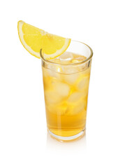 Refreshing iced tea with slice of lemon in glass isolated on white