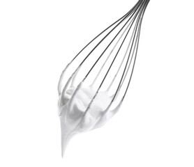 Whisk with delicious cream isolated on white