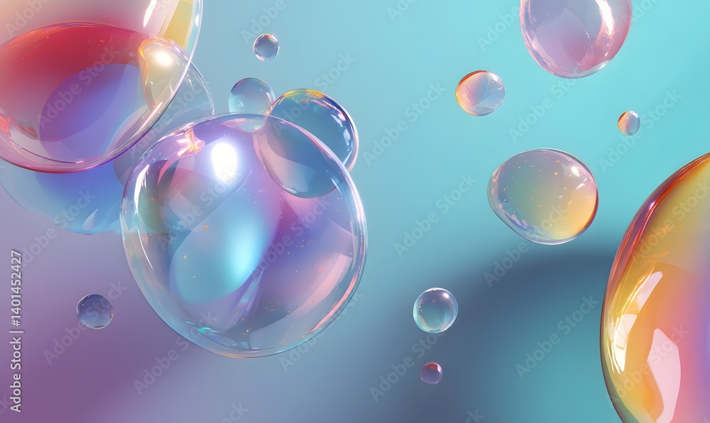 Poster a collection of iridescent bubbles floating in a gradient blue and purple background space