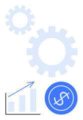Gear mechanisms highlight process efficiency. Growth chart shows upward trend, and dollar icon symbolizes financial success. Ideal for finance, strategy, economics, productivity, planning, business