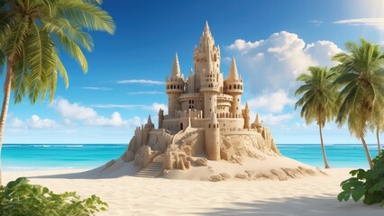 A scenic beach view featuring two sandcastles on a sandy shoreline, with a backdrop of turquoise ocean water and a clear blue sky dotted with fluffy white clouds