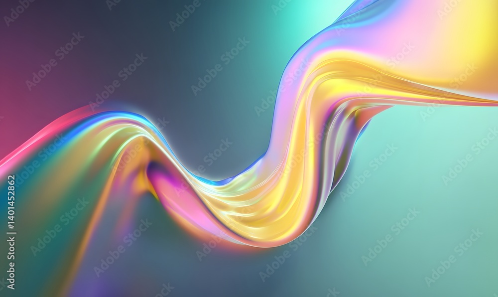 Poster abstract iridescent wave with colorful gradients flowing across a smooth teal background space art