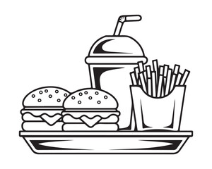Black and white illustration of fast food meal.