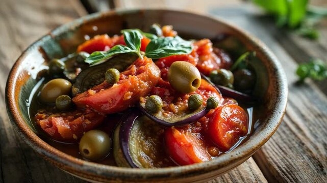 Sicilian caponata in rustic bowl on wooden table

