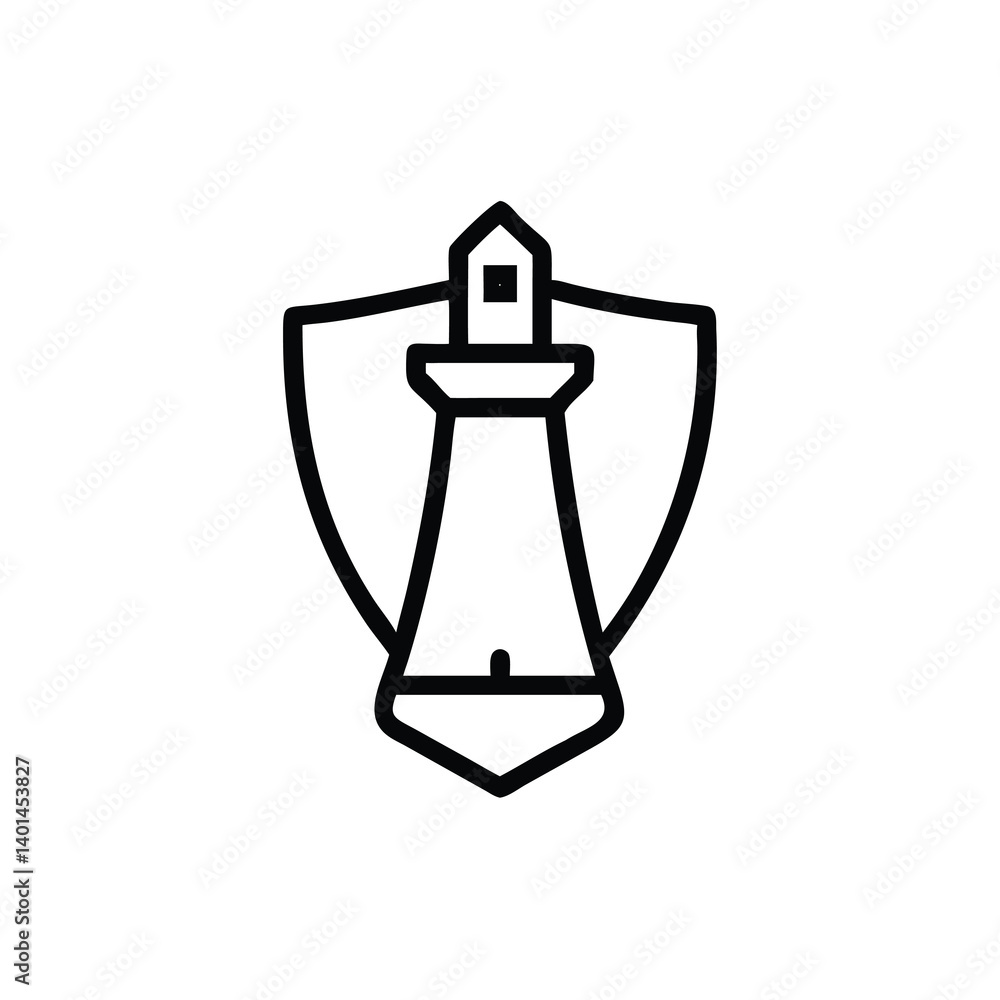 Poster lighthouse icon within shield shape isolated on white background minimalist coastal navigation symbo