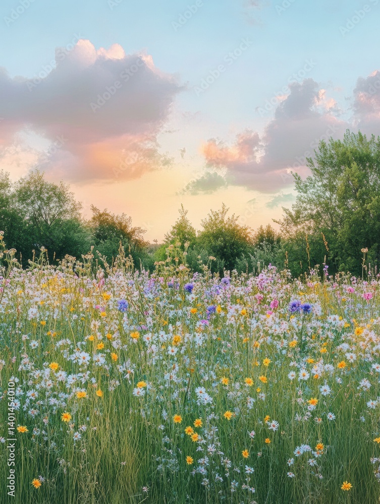 Poster Surreal gradient sky blending into a colorful wildflower meadow under soft evening light