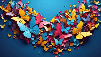A vibrant display of butterflies in various colors, including blues, oranges, yellows, and reds, arranged in the shape of a heart