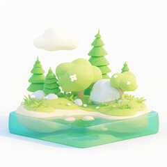 A serene miniature landscape featuring green trees, rocks, and water on a white isolated background.