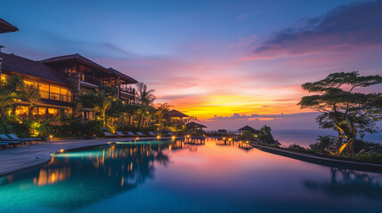 Fototapeta premium Sunset color fair at island resort, colorful evening sky view by the sea, sunset on tropical island, island evening resort under colorful sky, tropical evening island color