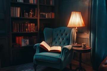 Luxury Velvet Armchair in a Cozy Reading Corner with Soft Lighting.
