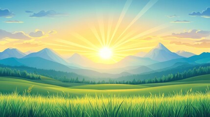 A beautiful illustration of a sunrise over green mountain scenery