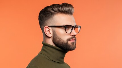Fototapeta premium Stylish Man with Glasses and Modern Hairstyle - Confident, sophisticated man with a stylish hairstyle, wearing glasses and a turtleneck. Symbolizes: modernity, , confidence, sophistication, success