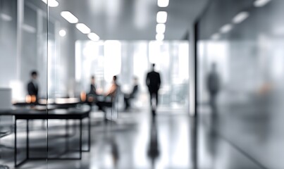 Blurry office scene with people in a meeting and a person walking in a modern corporate environment