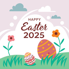 Vector Illustration of Happy Easter 2025 Scene with Bunny, Decorated Eggs, and Spring Flowers Depicting Festive Holiday Spirit and Seasonal Celebration