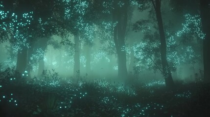 Obraz premium Enchanted Mystical Forest Night Scene Glowing Fireflies Magical Teal Green Trees Fog Fantasy Dreamlike Atmosphere Digital Art Background Illustration 