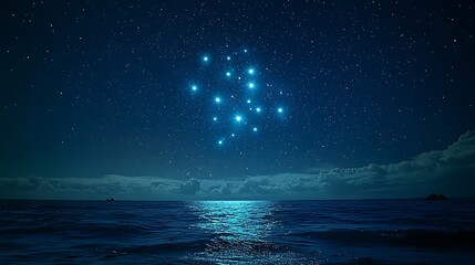 Night Sky Glowing Lights over Calm Ocean