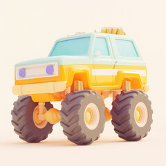 Colorful toy monster truck with oversized wheels on a soft pastel background.
