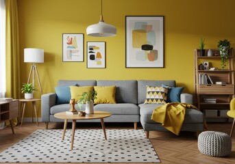 Fototapeta premium Joyful young woman in checked blazer laughing with hand over mouth against bright yellow background