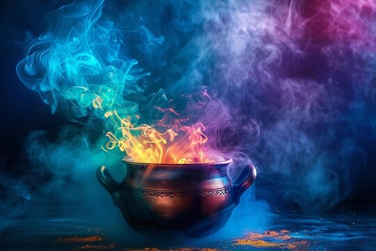 A cauldron filled with colorful smoke, creating an enchanting and mysterious atmosphere for
