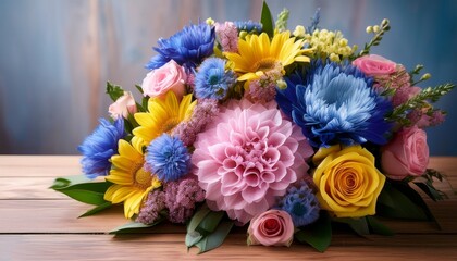 Fototapeta premium a bouquet of flowers is arranged on a wooden table the flowers are a mix of blue yellow and pink and they are arranged in a way that creates a sense of harmony and balance