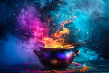 A cauldron with colorful smoke rising from it, vibrant flames emerging from the top of the pot,