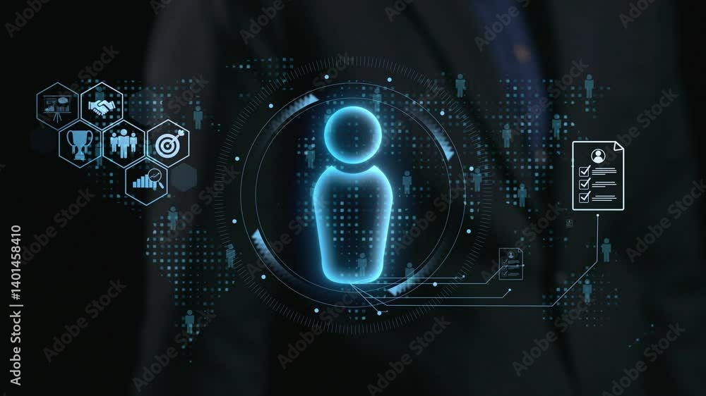 Poster a futuristic digital visual showcasing a human icon surrounded by data metrics and analytics element