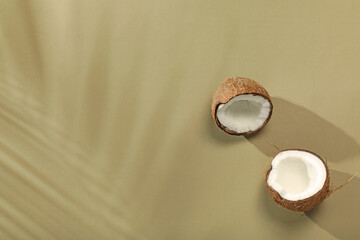 Fresh coconut and shadow cast by tropical palm on light green background, top view. Space for text
